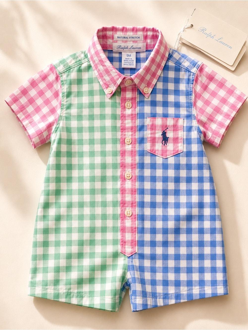 Ralph Lauren Gingham Colorblock Button-Front Romper 9m Baby Polo Summer Gift NWT